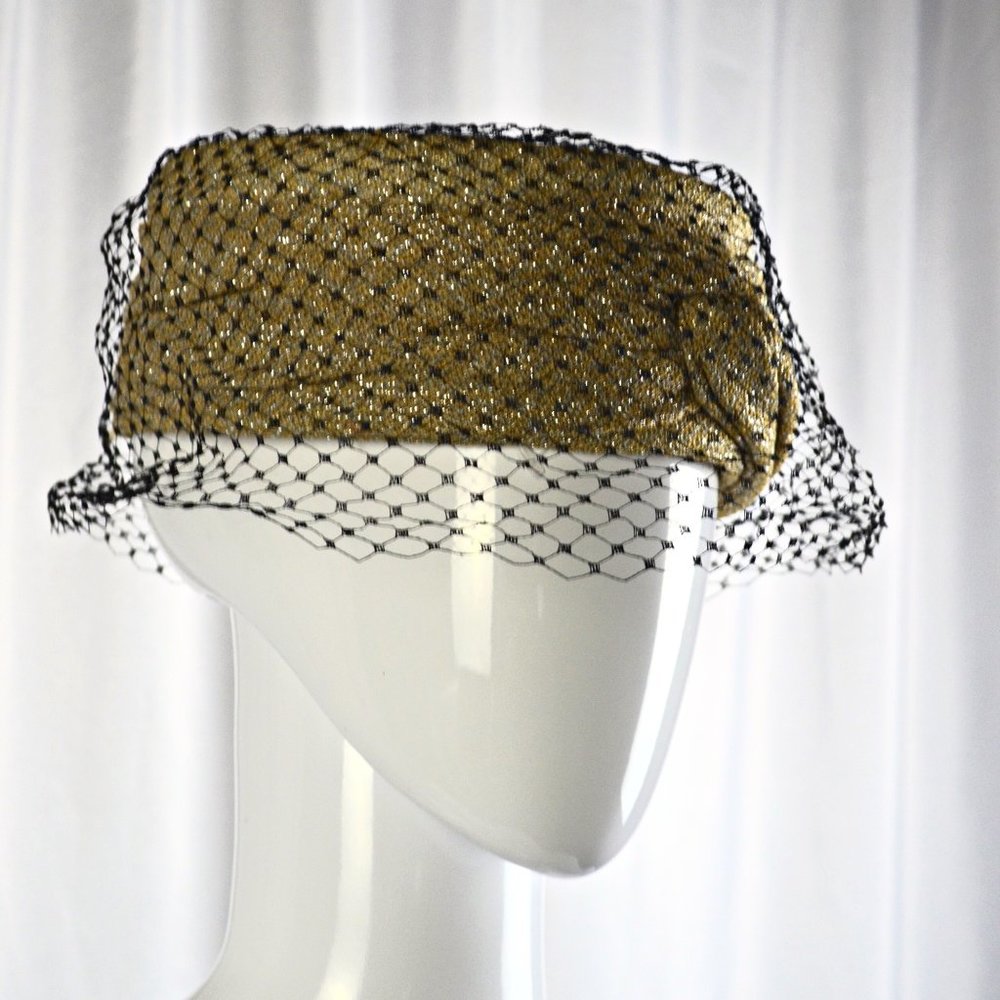 Vintage Metallic Gold Pillbox Hat with Fishnet Veil
